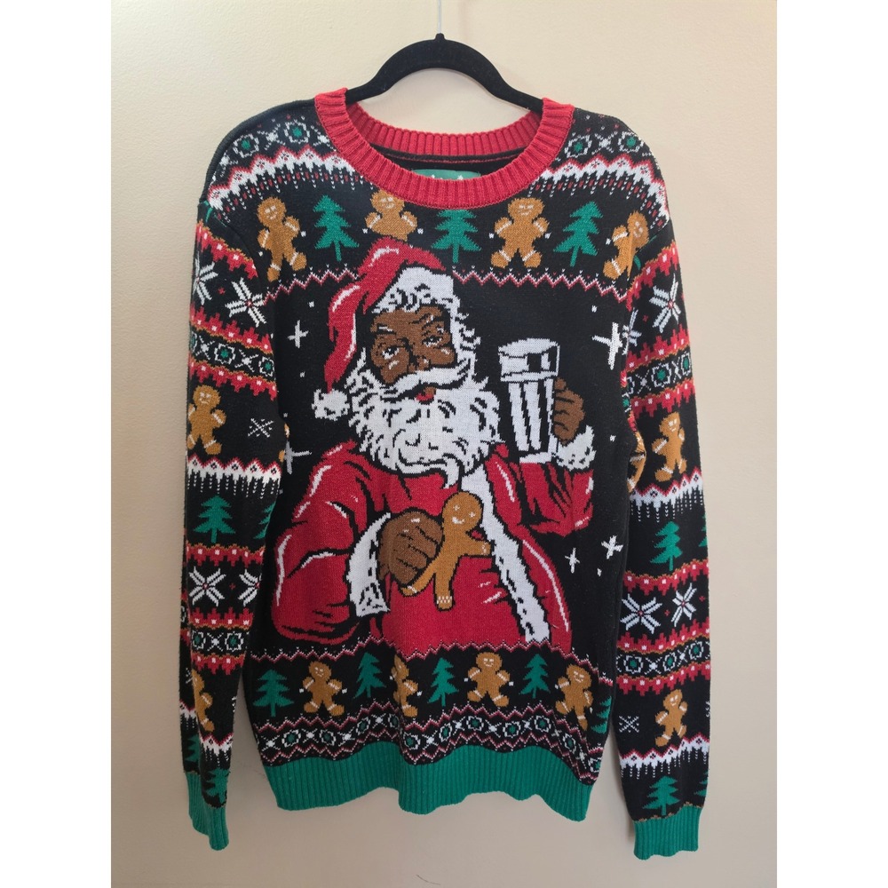 Ugly Christmas Sweater Black Santa Gingerbread Men Knit Holiday Pullover Large